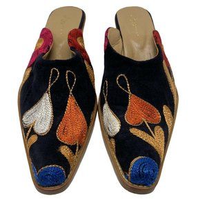 Zeyzani Womens Size 38 Black Embroidered Mules 2 Inch Heel Pointy Toe US 7.5